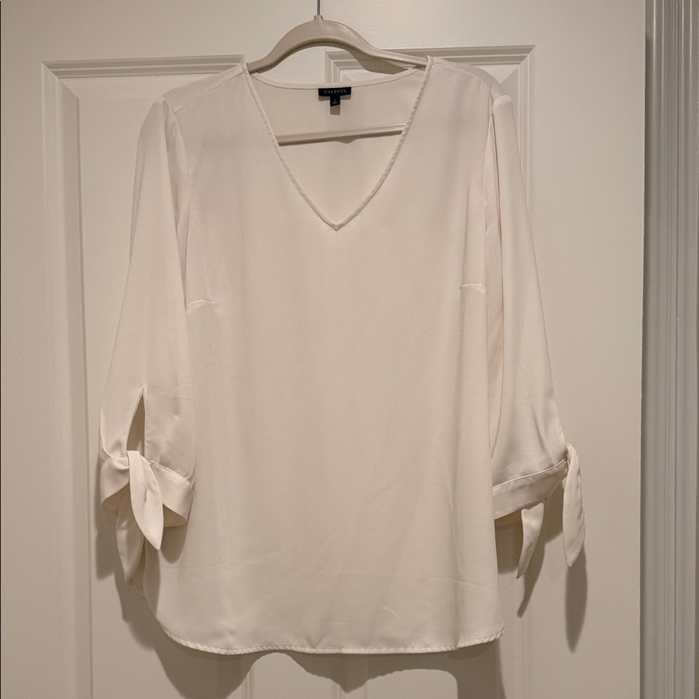 Talbots Cream V-Neck Blouse with Tie Sleeves